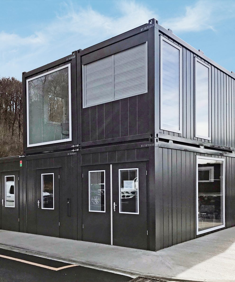Bürocontainer, Doppelgeschossige Anlage, Fassade anthrazit